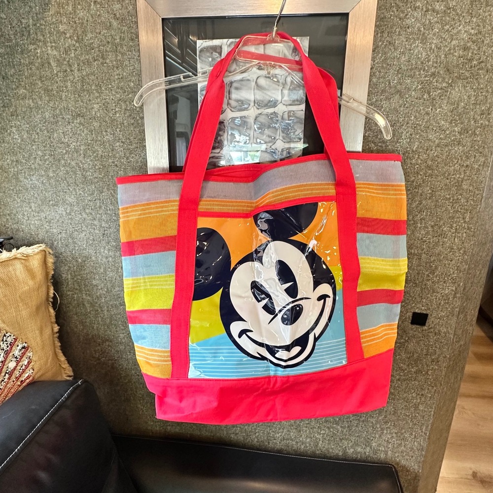 Disney Store Mickey Mouse Rainbow Striped‎ Mesh Beach Tote Bag Pink Orange Blue